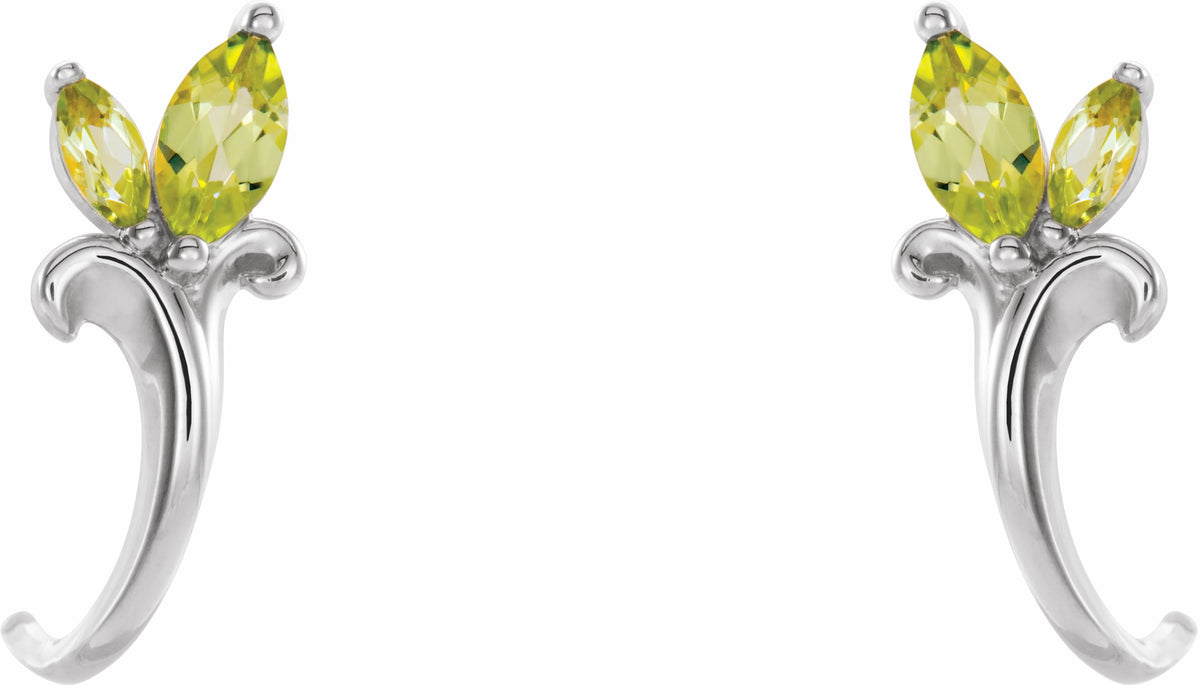 14K White Peridot Floral-Inspired J-Hoop Earrings