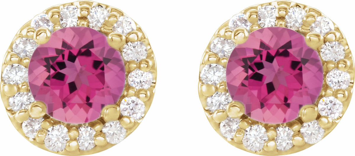 14K Yellow 4.5 mm Round Pink Tourmaline & 1/4 Diamond Earrings