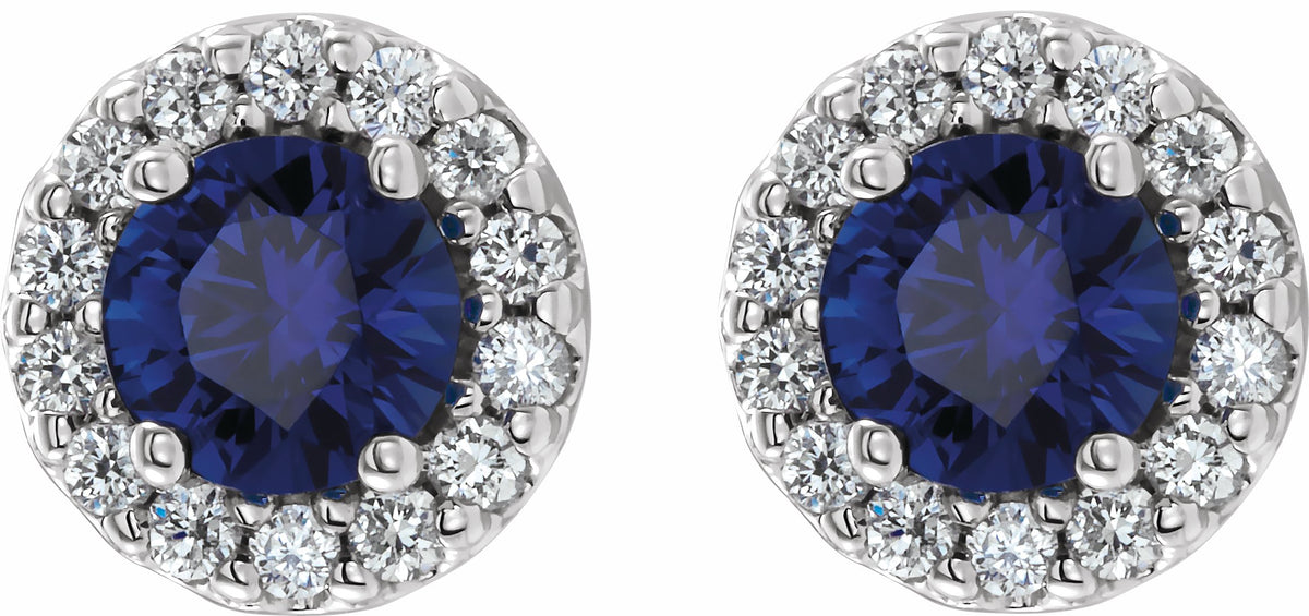 14K White 4 mm Round Blue Sapphire & 1/8 Diamond Earrings