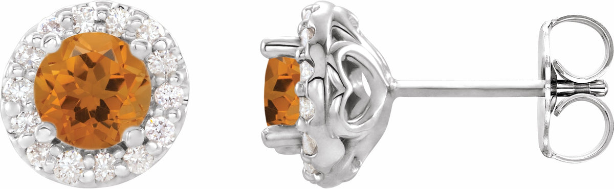 14K White 4 mm Round Citrine & 1/8 Diamond Earrings