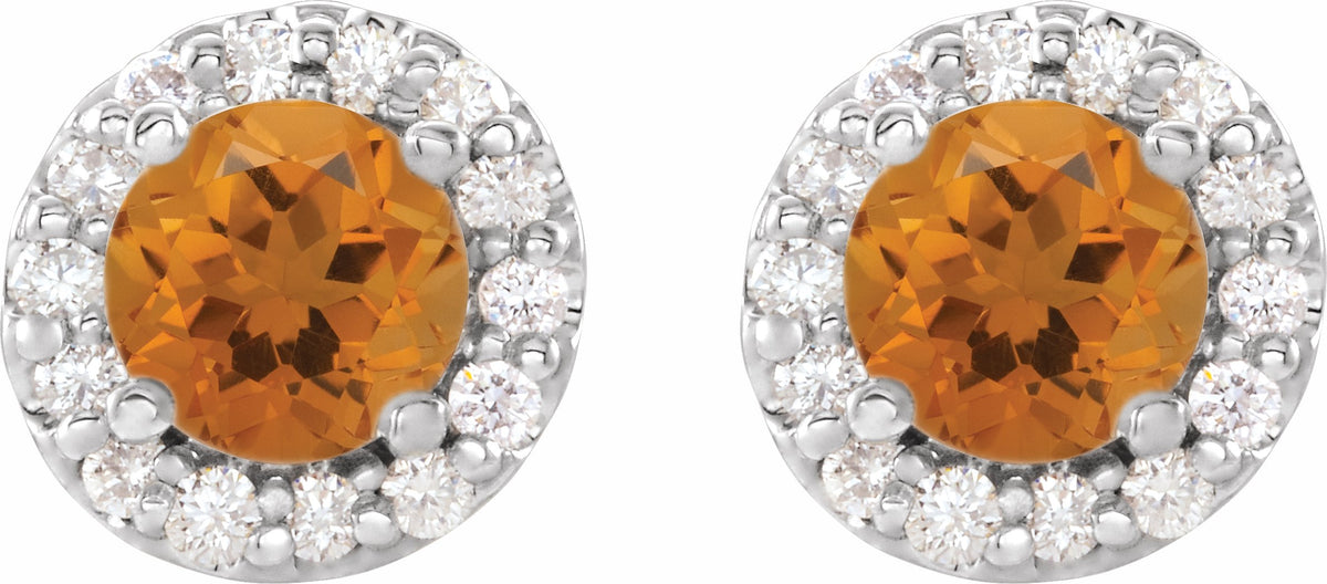14K White 4 mm Round Citrine & 1/8 Diamond Earrings