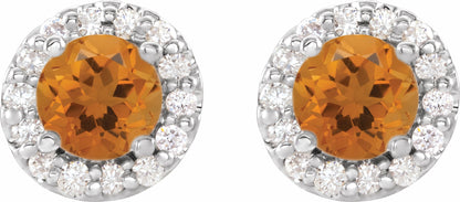 14K White 4 mm Round Citrine & 1/8 Diamond Earrings