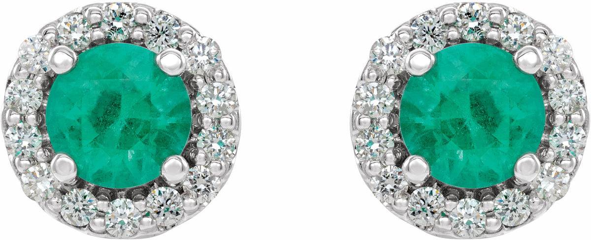 14K White 4 mm Round Emerald & 1/8 Diamond Earrings