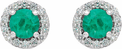14K White 4 mm Round Emerald & 1/8 Diamond Earrings