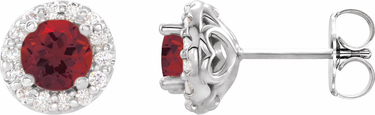 14K White 4 mm Round Mozambique Garnet & 1/8 Diamond Earrings