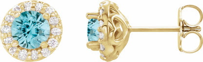 14K Yellow 4 mm Round Blue Zircon & 1/8 Diamond Earrings