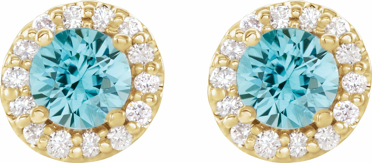 14K Yellow 4 mm Round Blue Zircon & 1/8 Diamond Earrings