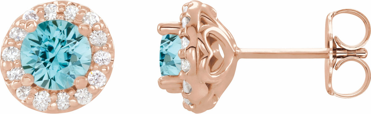 14K Rose 4 mm Round Blue Zircon & 1/8 Diamond Earrings