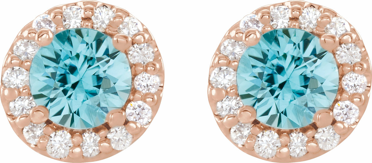 14K Rose 4 mm Round Blue Zircon & 1/8 Diamond Earrings