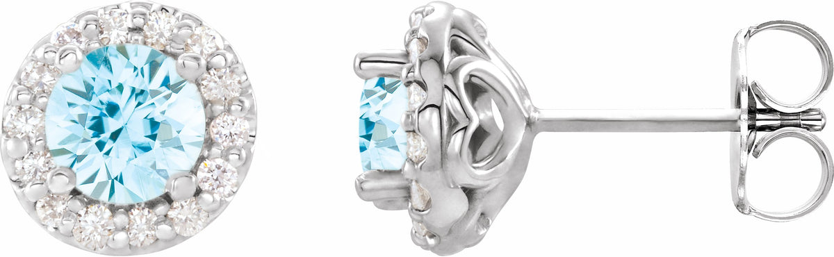 14K White 5 mm Round Aquamarine & 1/4 Diamond Earrings