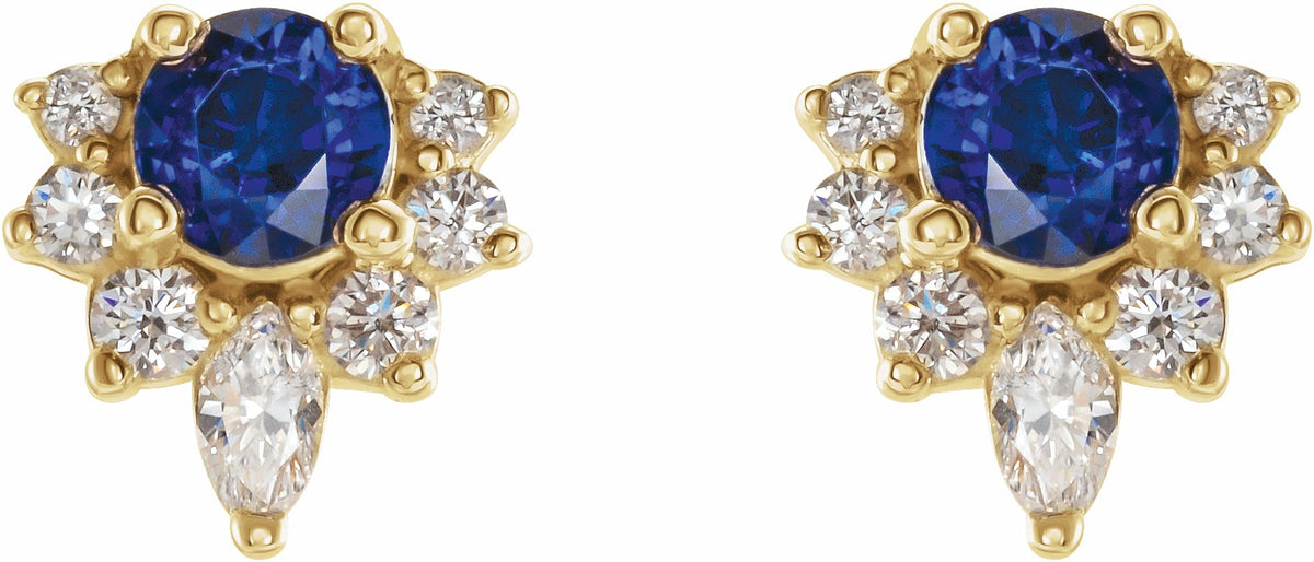 14K Yellow Blue Sapphire & 1/6 CTW Diamond Earrings