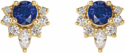 14K Yellow Blue Sapphire & 1/6 CTW Diamond Earrings