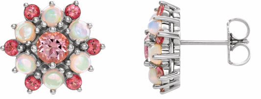 14K White Pink Tourmaline & Ethiopian Opal Cabochon Earrings
