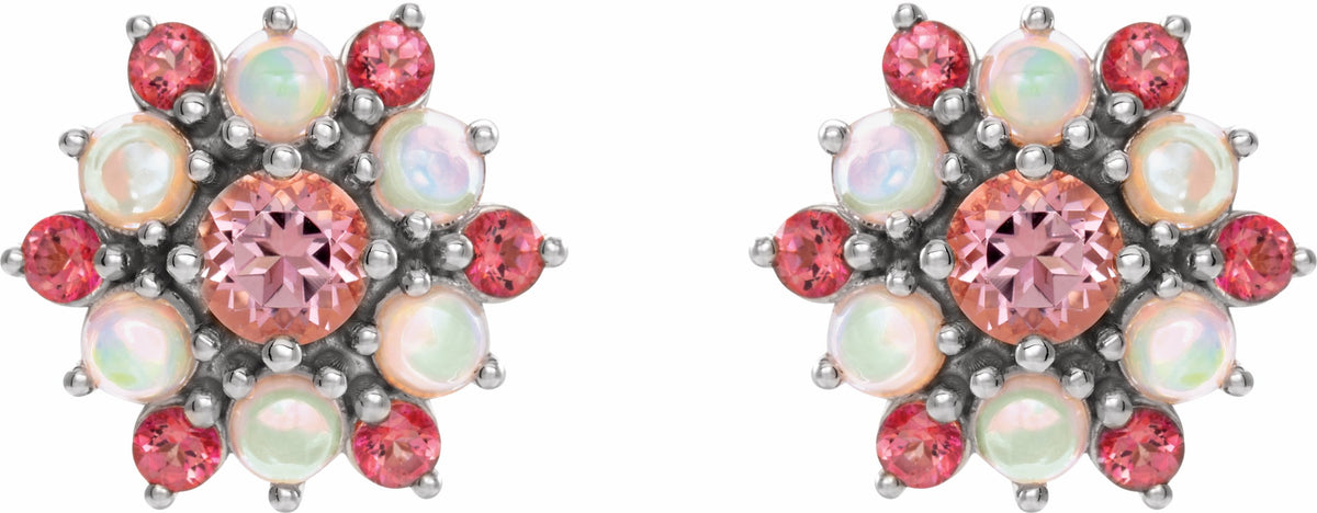 14K White Pink Tourmaline & Ethiopian Opal Cabochon Earrings