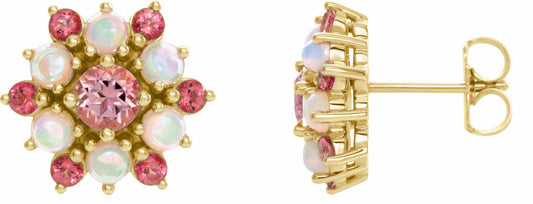 14K Yellow Pink Tourmaline & Ethiopian Opal Cabochon Earrings