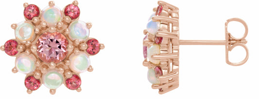 14K Rose Pink Tourmaline & Ethiopian Opal Cabochon Earrings