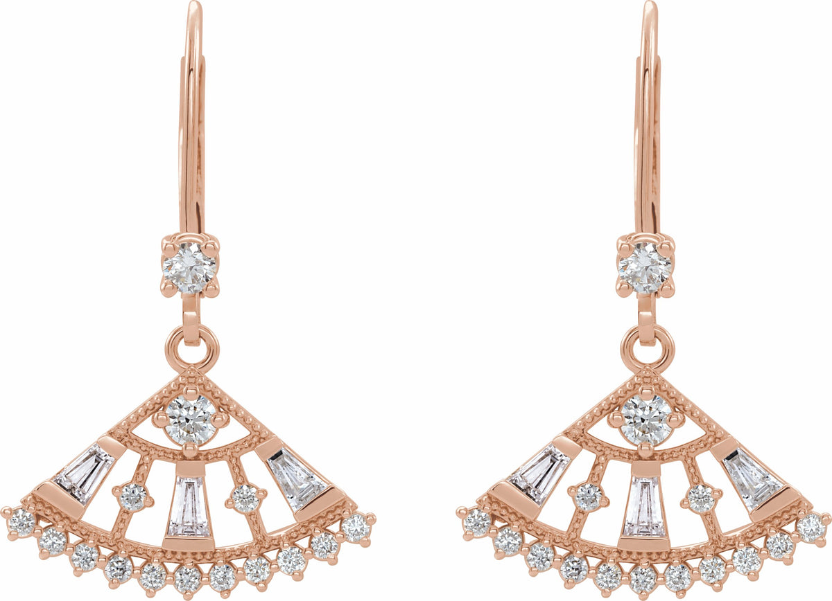 14K Rose 3/4 CTW Diamond Lever Back Fan Earrings