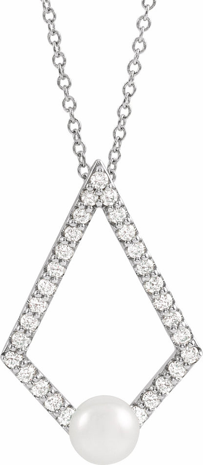 14K White Freshwater Cultured Pearl & 1/4 CTW Diamond Geometric 16-18 Necklace