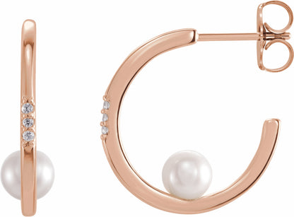 14K Rose Freshwater Cultured Pearl & .025 CTW Diamond Hoop Earrings