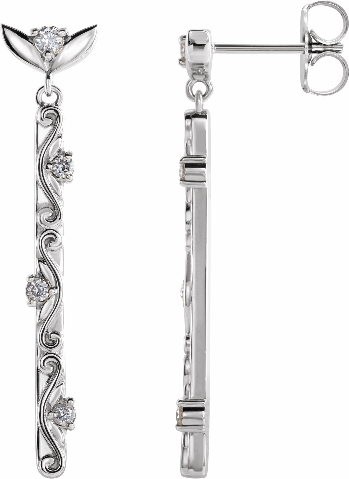 14K White 1/8 CTW Diamond Vintage-Inspired Dangle Earrings