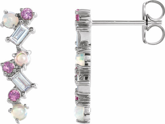 14K White Ethiopian Opal, Pink Sapphire & 1/10 CTW Diamond Scattered Bar Earrings
