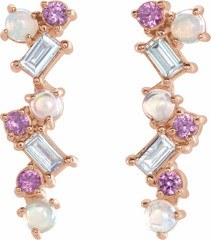 14K Rose Ethiopian Opal, Pink Sapphire & 1/10 CTW Diamond Scattered Bar Earrings