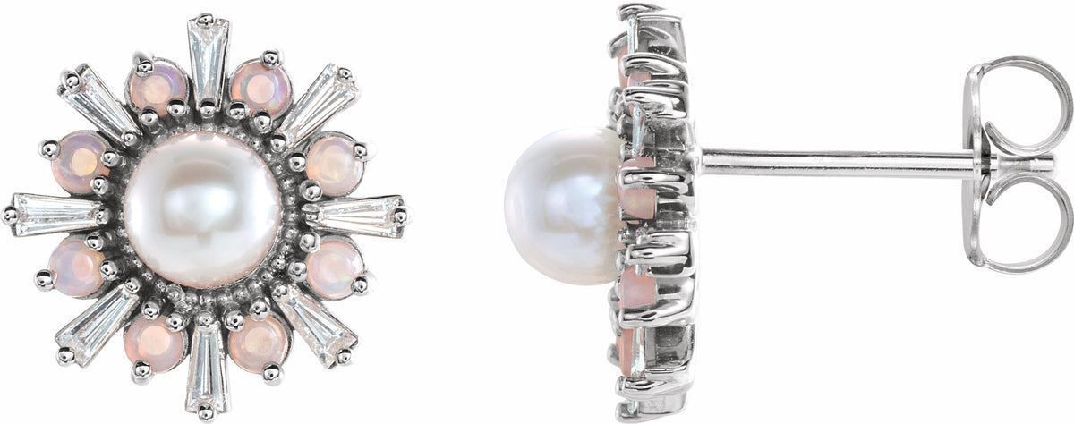 14K White Akoya Pearl, White Opal & 1/6 CTW Diamond Earrings