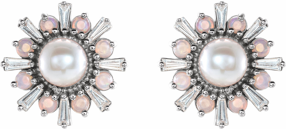 14K White Akoya Pearl, White Opal & 1/6 CTW Diamond Earrings