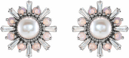 14K White Akoya Pearl, White Opal & 1/6 CTW Diamond Earrings