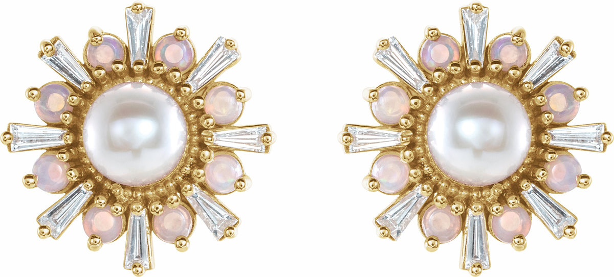 14K Yellow Akoya Pearl, White Opal & 1/6 CTW Diamond Earrings