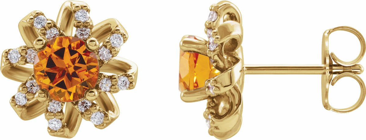14K Yellow Citrine & 1/6 CTW Diamond Halo-Style Earrings