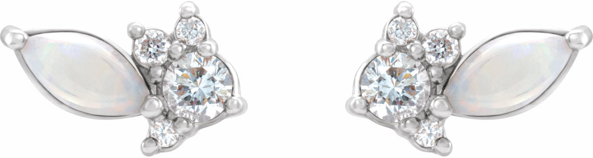 14K White Australian Opal & 1/6 CTW Diamond Cluster Earrings