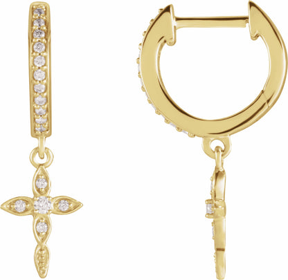 14K Yellow 1/8 Diamond Cross Hoop Earrings