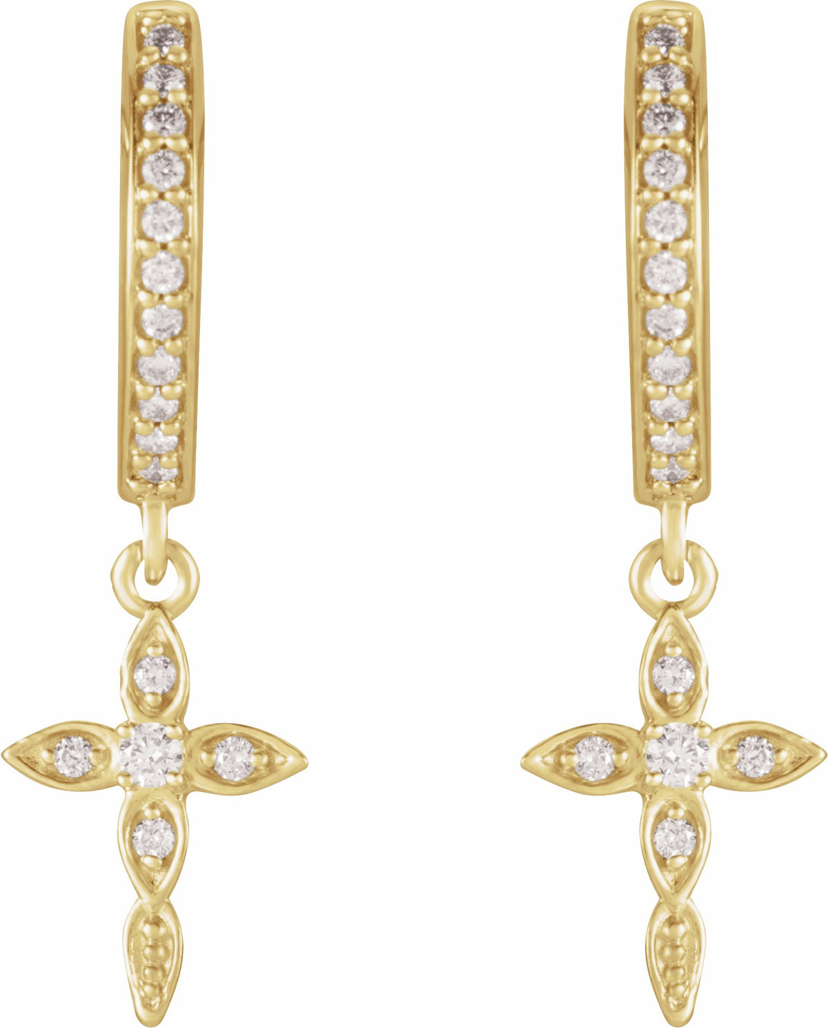 14K Yellow 1/8 Diamond Cross Hoop Earrings