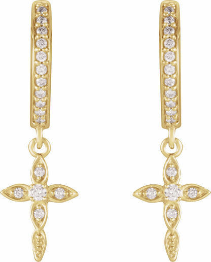 14K Yellow 1/8 Diamond Cross Hoop Earrings