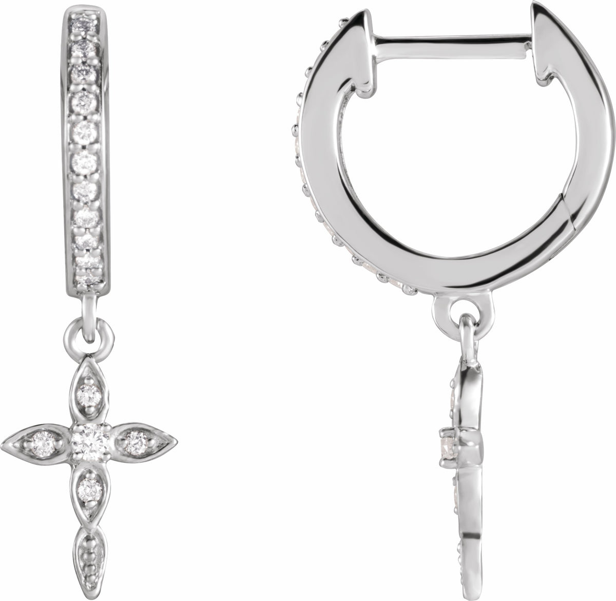 14K White 1/8 Diamond Cross Hoop Earrings