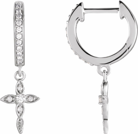14K White 1/8 Diamond Cross Hoop Earrings
