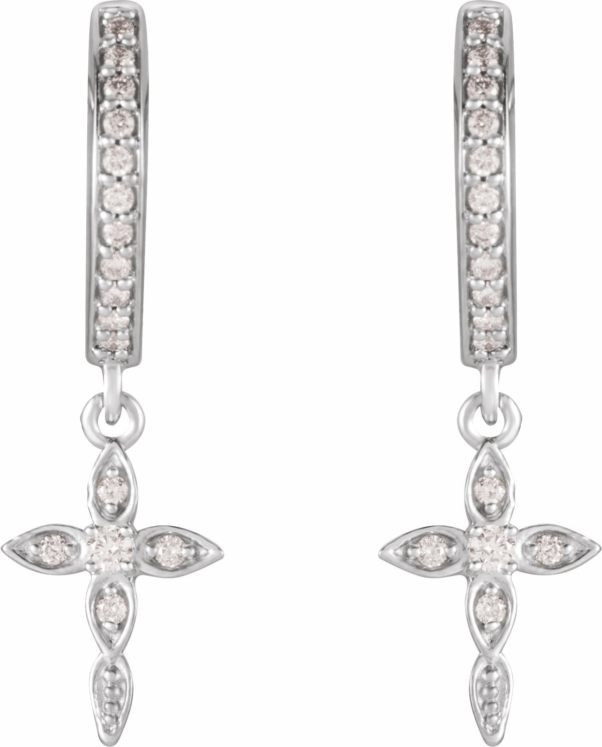 14K White 1/8 Diamond Cross Hoop Earrings