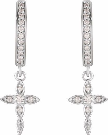 14K White 1/8 Diamond Cross Hoop Earrings