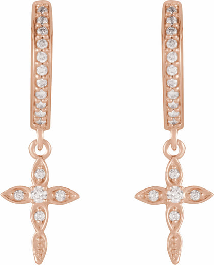14K Rose 1/8 Diamond Cross Hoop Earrings