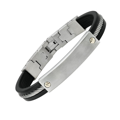 Stainless steel and rubber bracelet with cable inlay and 14K gold screw plate accent