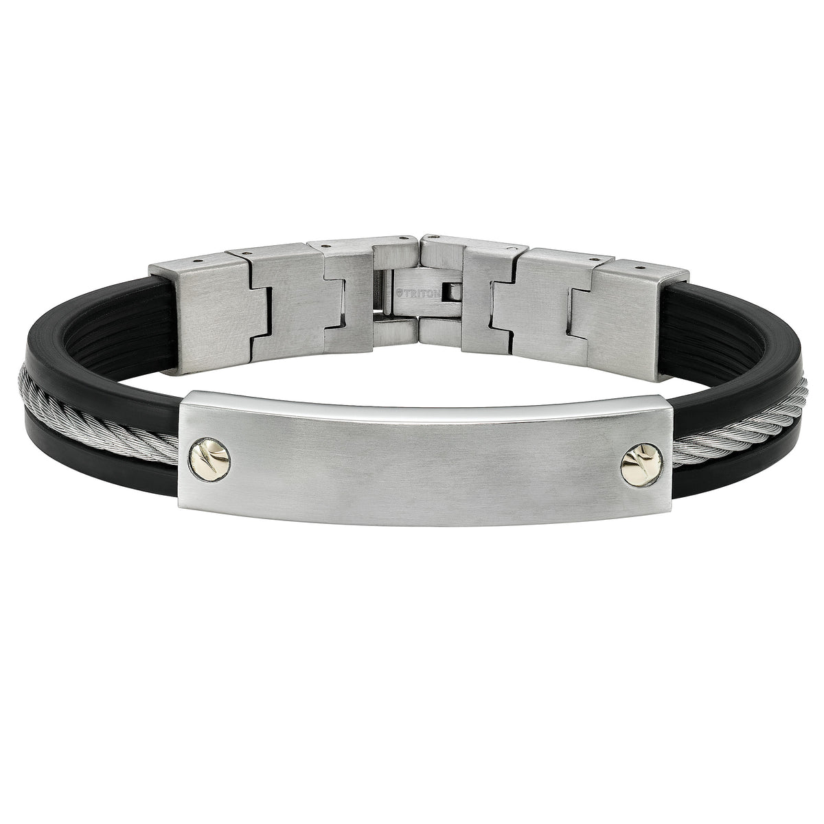 Stainless steel and rubber bracelet with cable inlay and 14K gold screw plate accent