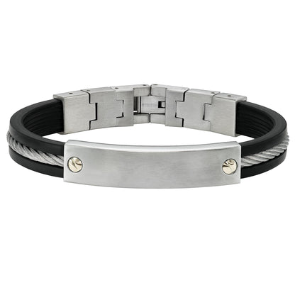 Stainless steel and rubber bracelet with cable inlay and 14K gold screw plate accent
