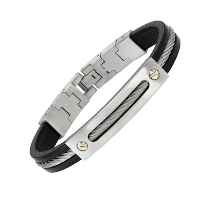 Stainless steel and rubber bracelet with cable inlay and 14K gold screw plate accent