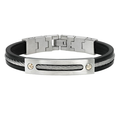 Stainless steel and rubber bracelet with cable inlay and 14K gold screw plate accent