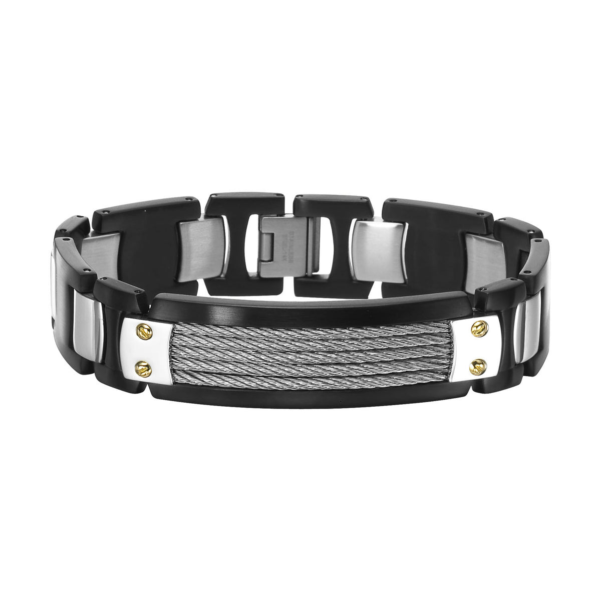 Stainless steel bracelet with cable inlay and 14k gold accents