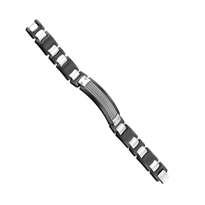 Stainless steel bracelet with cable inlay and 14k gold accents