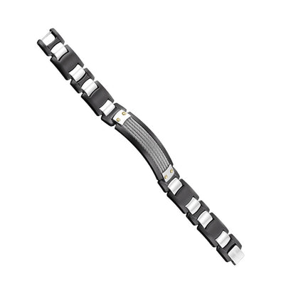Stainless steel bracelet with cable inlay and 14k gold accents