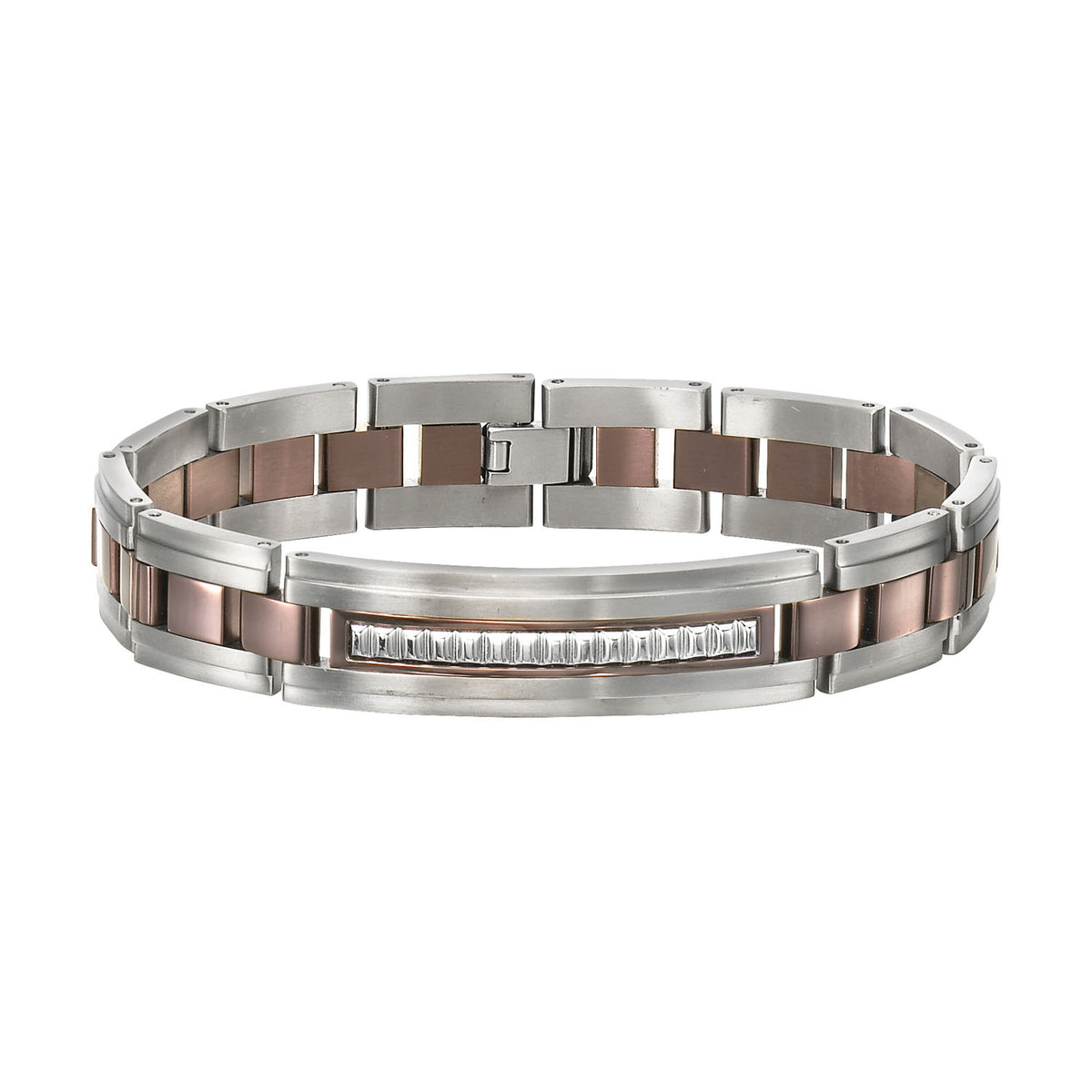 Brown IP titanium bracelet with stainless steel textured inlay
