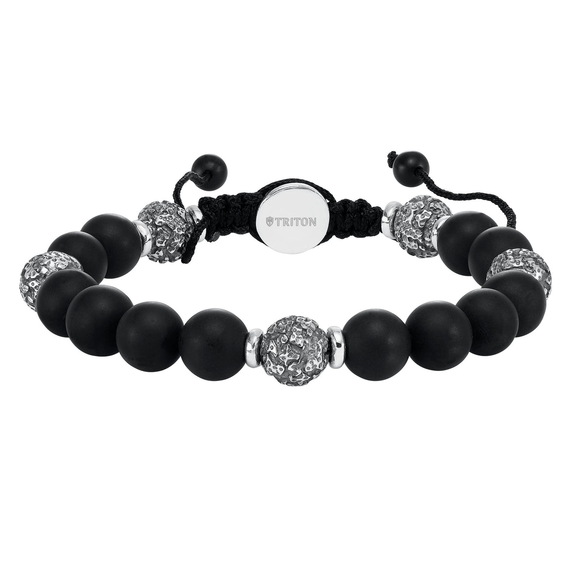 Weathered Sterling Silver and Matte Onyx Beaded Bracelet